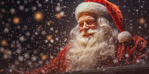 Closeup of smiling Santa Claus, on blurred snowy background | Generative AI