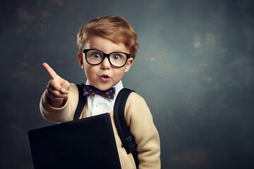 Smiling child boy pointing his index finger at something  against the background of a school board.  Success, creative and innovation  concept. eureka, handsome little boy in glasses is surprised - obrazy, fototapety, plakaty