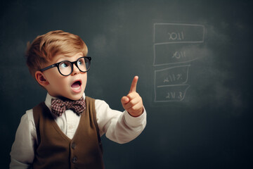 Smiling child boy pointing his index finger at something  against the background of a school board.  Success, creative and innovation  concept. eureka, handsome little boy in glasses is surprised