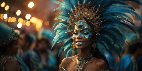 beautiful brazilian girl at the carnival in Rio de Janeiro, with a crown with blue feathers, poster, banner - obrazy, fototapety, plakaty