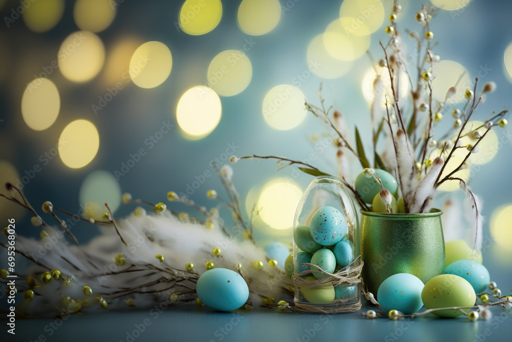Aufkleber easter eggs with flower in flower pot in front of pastel background and bokeh effect in the backgrou