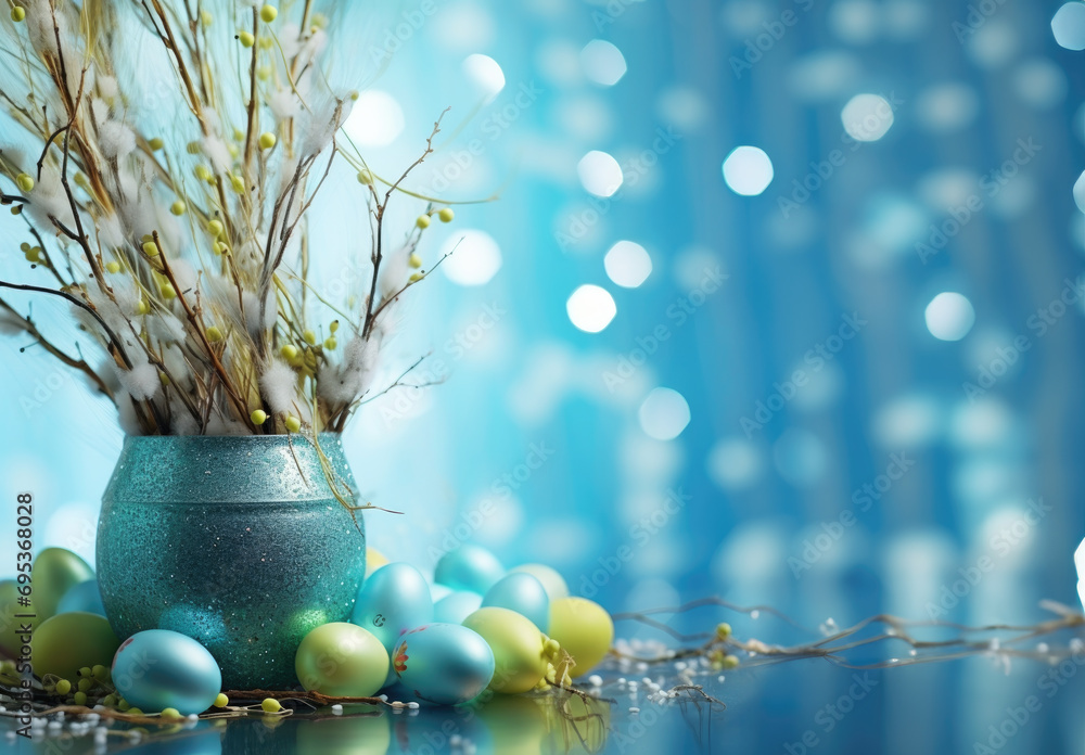 Poster easter eggs with flower in flower pot in front of pastel background and bokeh effect in the backgrou