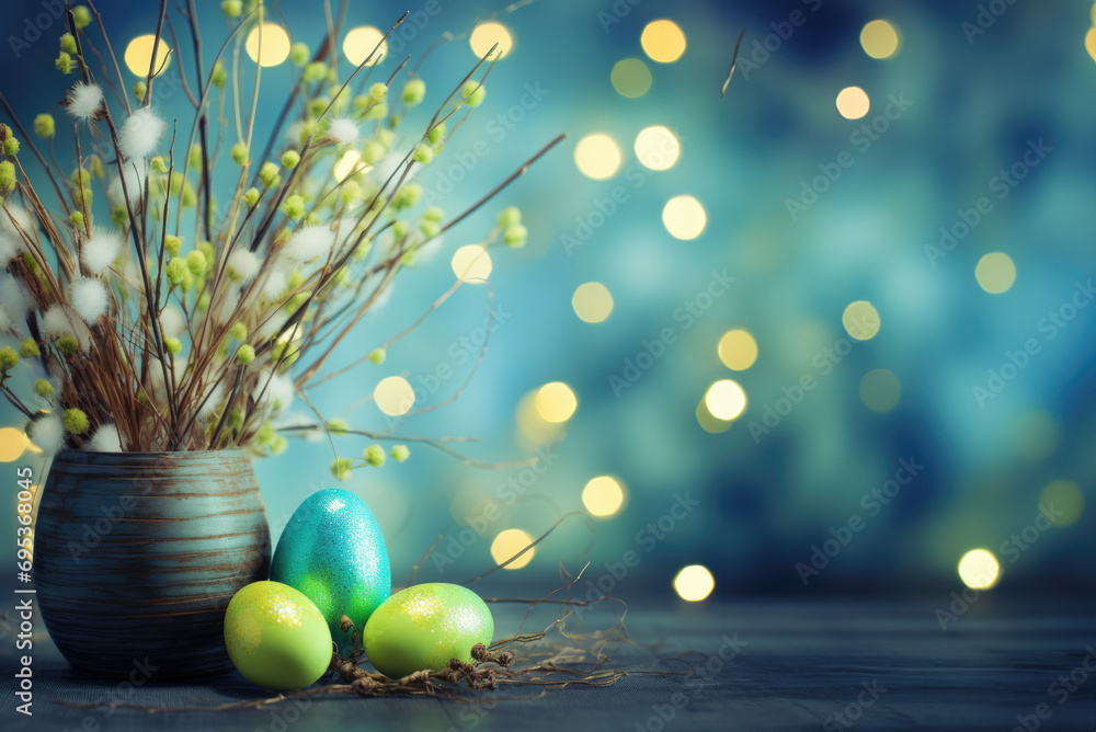 Poster easter eggs with flower in flower pot in front of pastel background and bokeh effect in the backgrou