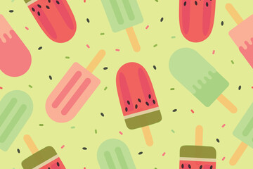 Seamless popsicle ice cream pattern. Vector illustration isolated on a yellow background.