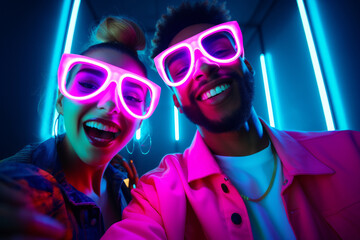 group of people in a nightclub. Medium close-up shot of young biracial man with curly hair, in beanie and fun glasses, and Caucasian girl dancing together at house party, with blue and pink neon light - Powered by Adobe