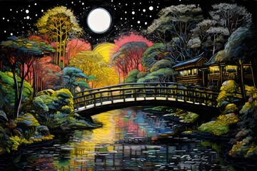 Tokyo park at night. Wiltshire Oil Illustration