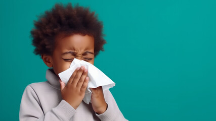 African American boy sneezing into tissue. Mixed race boy blowing his nose. Boy (4-8) blowing nose, eyes closed, close-up.  I need my mom. green color background - Powered by Adobe