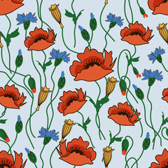 seamless summer floral pattern - light blue background with blooming meadow flowers poppies and cornflowers with buds for packaging, fabric and wallpaper