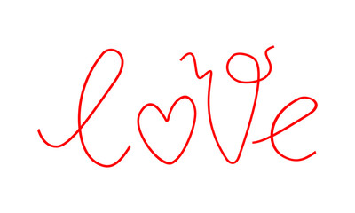 The word love, red font with heart. Vector hand lettering for design of cards, banners, invitations for holidays Valentine's Day, wedding, engagement