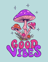 Psychedelic vector illustration with amanita, cartoon mushrooms. Hippie hand drawn retro 60s nostalgic poster, card, t-shirt print vector