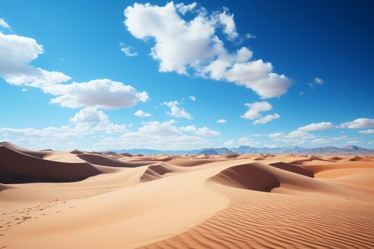 Picturesque desert with wispy clouds and sand dunes, Generative AI