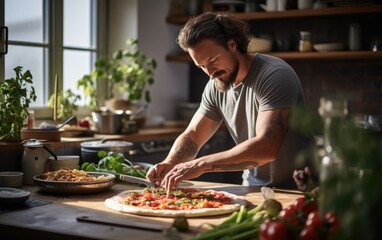 A man cooking a pizza
