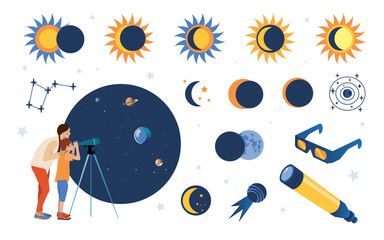 Solar Eclipse set.Vector flat style set of solar eclipse elements for infographic. Illustration in flat style for kids education at school, stickers, scrapbooking. - obrazy, fototapety, plakaty