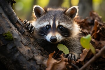 Fototapeta premium Curious raccoon exploring a tree trunk, Generative AI
