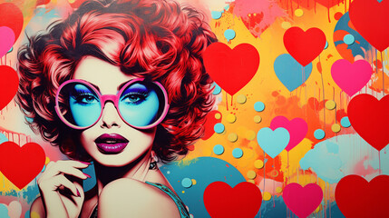 A pop art-inspired collage with hearts and retro comic imagery, Psychadelic collage, Valentines Day, retro, blurred background, with copy space