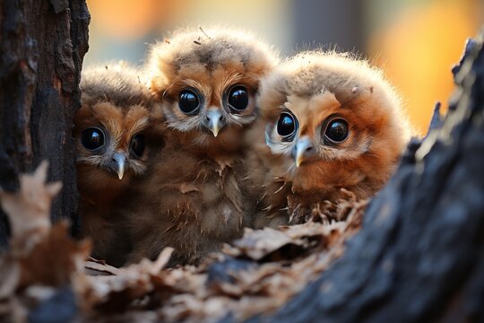 Family of owlets peeking out from their nest in a tree hollow, Generative AI