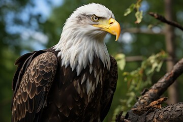 Perched bald eagle surveying its territory from a tall tree, Generative AI