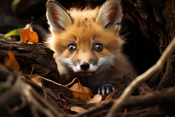 Red fox peeking out from behind tree roots, Generative AI - obrazy, fototapety, plakaty