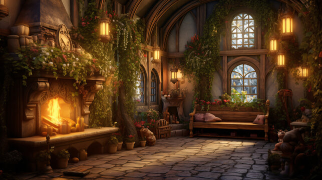 Spectacular picture of interior of a fantasy medieva