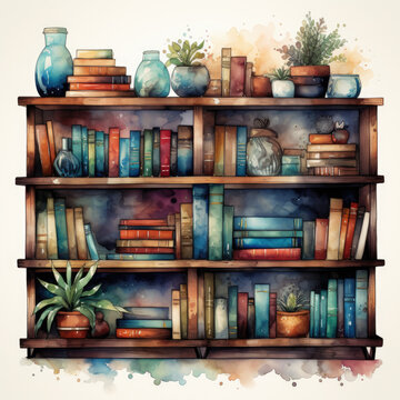 watercolor Bookshelf clipart, Generative Ai