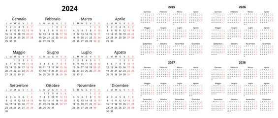 2024, 2025, 2026, 2027, 2028 italian calendars. Printable vector illustration set for Italy