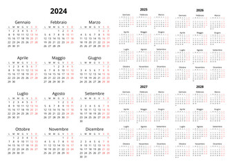 2024, 2025, 2026, 2027, 2028 italian calendars. Printable vector illustration set for Italy