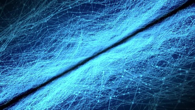 Abstract animation of flying through blue cyberspace with a plexus of glowing energy dots and lines with white shine effect , motion graphics , video 4k , 60 fps