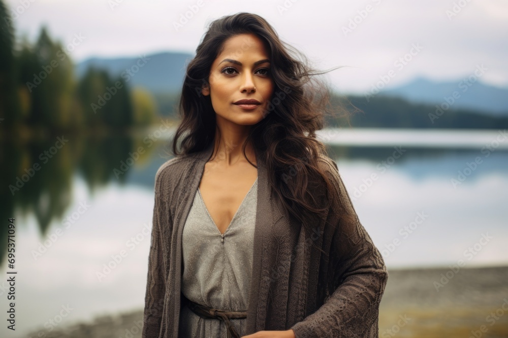 Canvas Prints Portrait of a tender indian woman in her 30s wearing a chic cardigan against a serene lakeside view. AI Generation