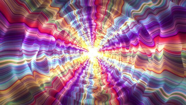 Seamless loop animation of an abstract wavy tunnel with psychedelic patterns made of colorful lines with bright glow effect , motion graphics , looped video , 4k , 60 fps
