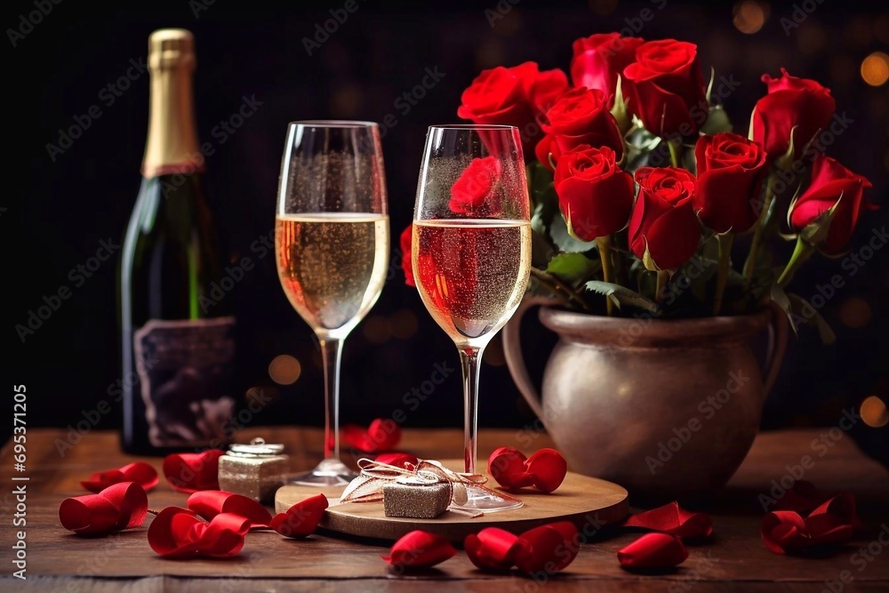 Poster valentine's day background with a bottle and two glasses of champagne on the table and red roses. ro