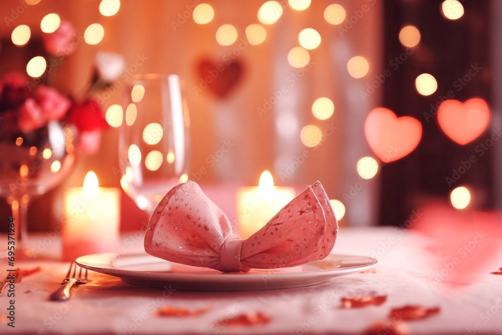 Poster romantic table setting for valentine's day in a room in pink tones with a bokeh effect