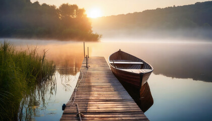 Boat on the serene foggy lake in with the boardwalk in Muskoka Canada in the misty morning
