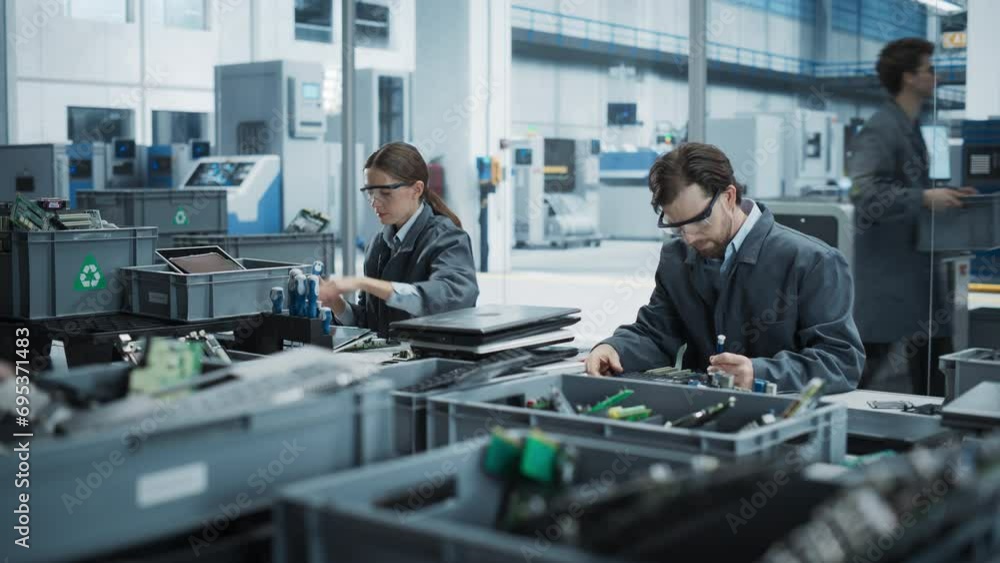 Poster caucasian male and female workers taking apart old laptops to recycle electronic components for micr