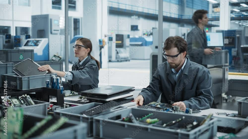 Poster caucasian male and female workers taking apart old laptops to recycle electronic components for prin