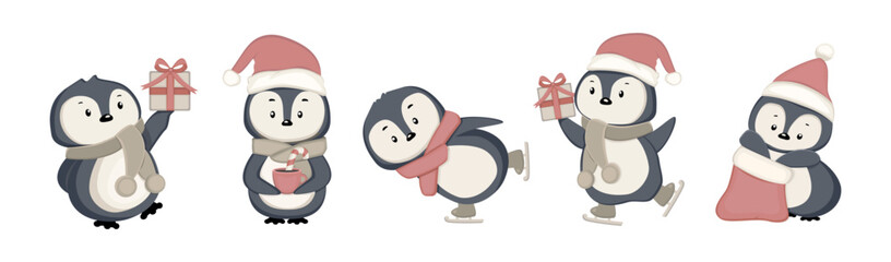 cute christmas penguins vector collection. eps 10