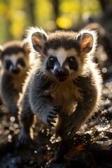 Family of lemurs leaping between trees in Madagascar, Generative AI