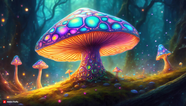Close-up of a blue and purple mushroom in a magical forest illuminated by floating lights. The image has a fantasy and dreamy atmosphere. Digital illustration