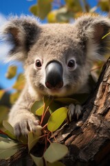Fototapeta premium Koala bear clinging to the eucalyptus tree it's feeding on, Generative AI