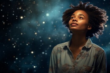 Portrait of a tender afro-american woman in her 80s wearing a simple cotton shirt against a backdrop of starlit galaxies. AI Generation