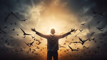 Freedom concept with man rising arms towards the sky full of flying birds - obrazy, fototapety, plakaty