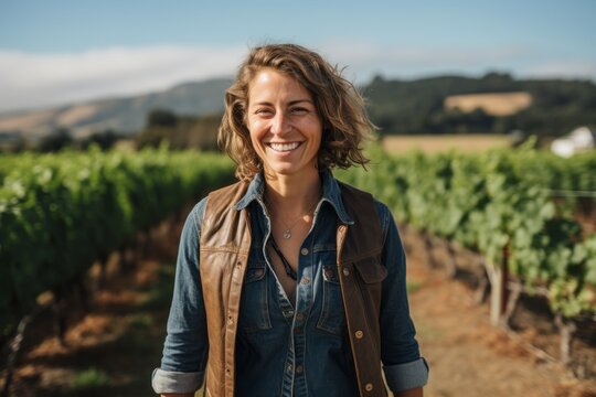 Portrait of a joyful woman in her 40s wearing a rugged jean vest against a backdrop of rolling vineyards. AI Generation