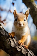 Fototapeta premium Playful squirrel perched on a tree branch, Generative AI