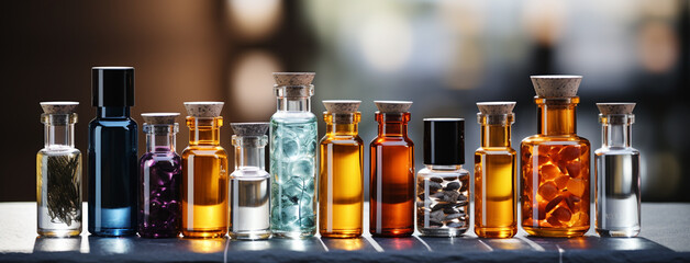 Side closeup photograph of wide colorful herbal cosmetic oil and perfume items in colorful bottles lay in manner on a table 
