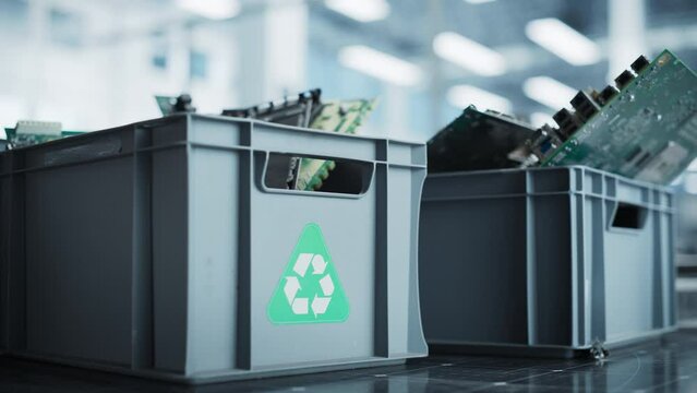 Close Up Shot Of Boxes With Computer Parts Sorted For Recycling At Sustainable Electronics Factory. Motherboards And Microchips Are Collected And Prepared For Reuse in Modern Technological Devices.