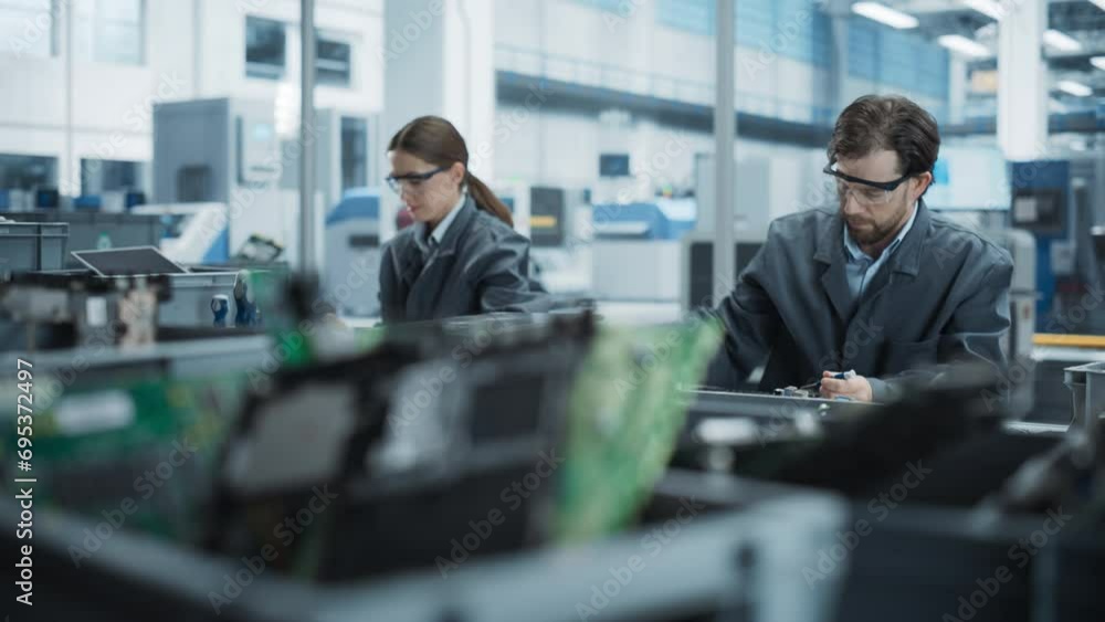 Poster caucasian male and female employees taking apart old laptops to recycle components for sustainable p