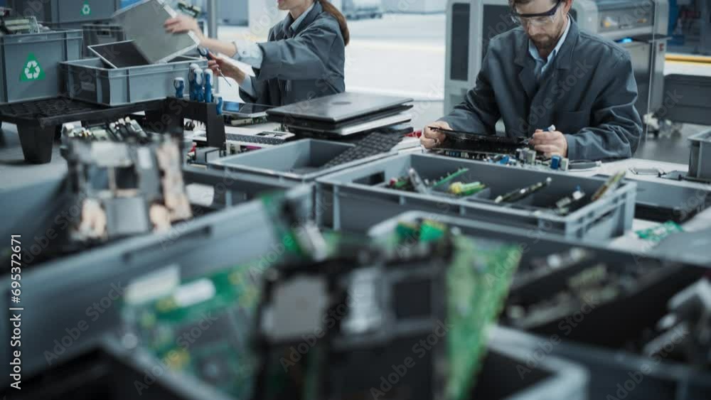 Poster caucasian male and female workers taking apart laptops to recycle electronic components for printed 