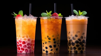Fresh, healthy fruit smoothies of different colors and flavors in glass jars on a black background. AI generated.