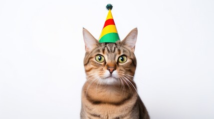 A cat at a party in a festive cap. Photo on a white background. AI generated.
