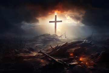 Christian cross on hill with holy light from the sky - obrazy, fototapety, plakaty