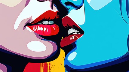 Kiss between girls. Close-up of two women's lips. AI generated.